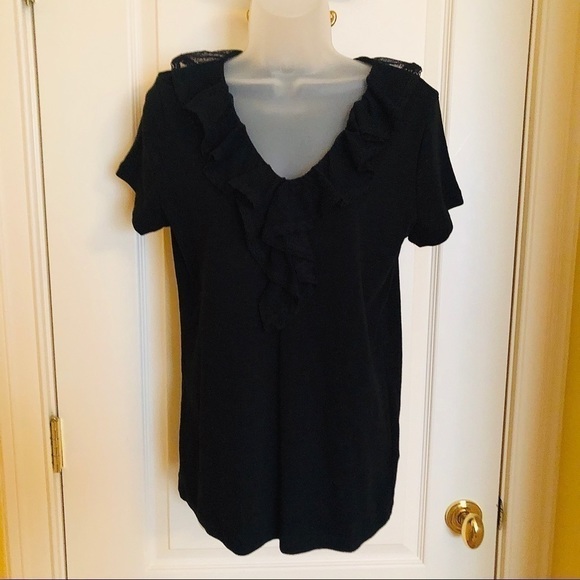 𝅺Ralph Lauren Chaps Black Top V Neck Lace Trimmed Ruffle Femme Summer Pullover - Picture 5 of 7